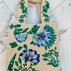 Viral TikTok Beaded Bag Cut Floral Embroidered Tote - Green and Blue NWT